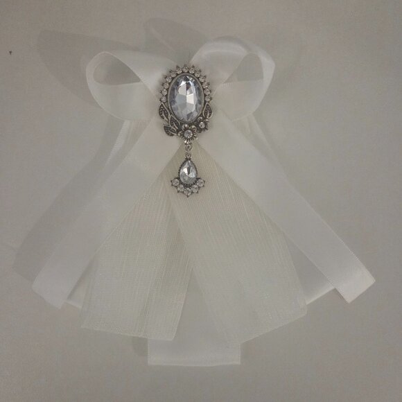 Accessories - White Ribbon Bow Tie Brooch with Gemstone